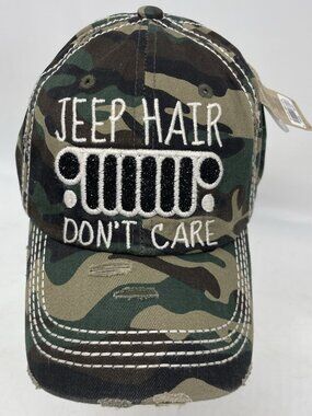 Kbethos  "Jeep Hair Don't Care"  Baseball Cap NWT Women Camo Distressed
